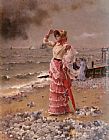 Alfred Stevens Famous Paintings - Femme Elegante Voyant Filer Un Vapeur